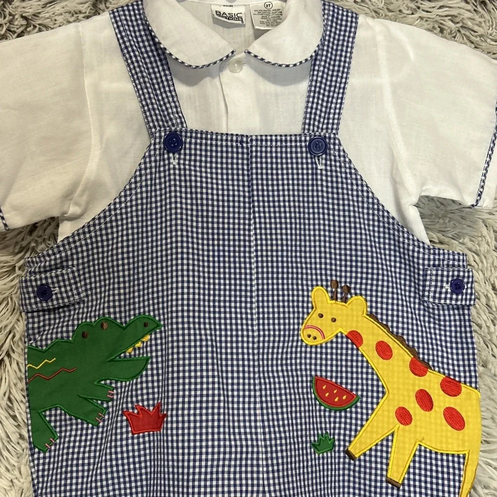 Vintage Navy White Gingham Plaid Alligator Giraffe Watermelon 2 Piece‎ Outfit